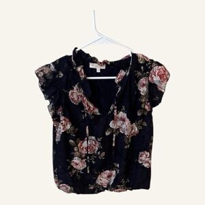 Blousology Cottage Core navy blouse with ties, pink rose pattern, Women’s Small